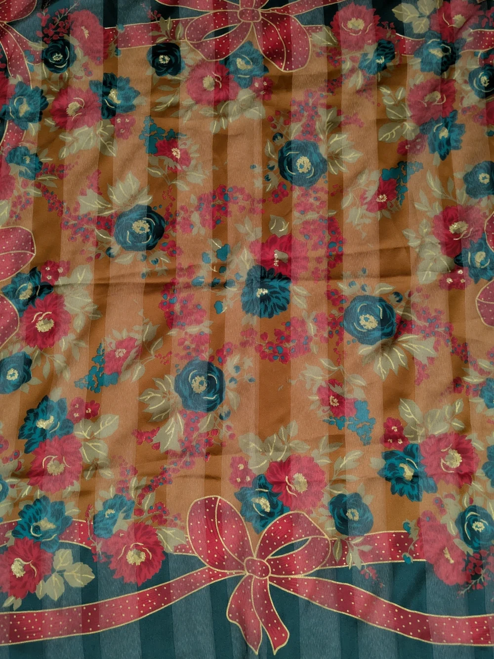 Berkshire Floral Bow Border Silk Scarf in Teal, Rust, Red